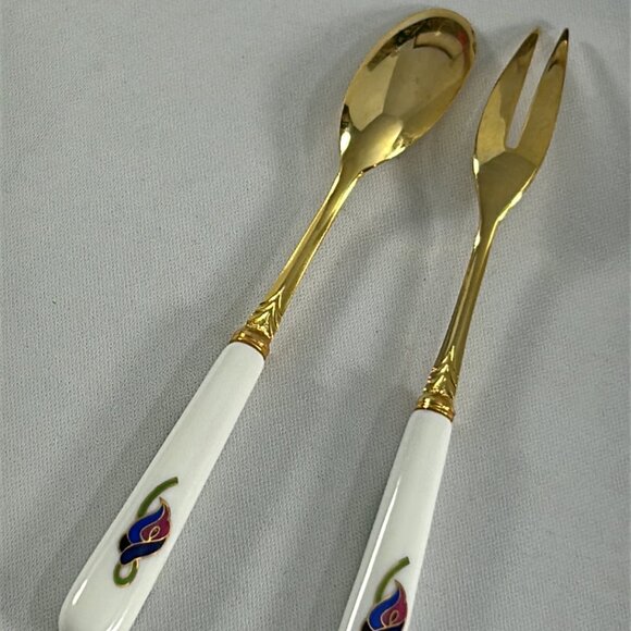 Vintage Bethel House Cocktail Forks Spoons Set Gold Porcelain Handles Tulips - Picture 7 of 14